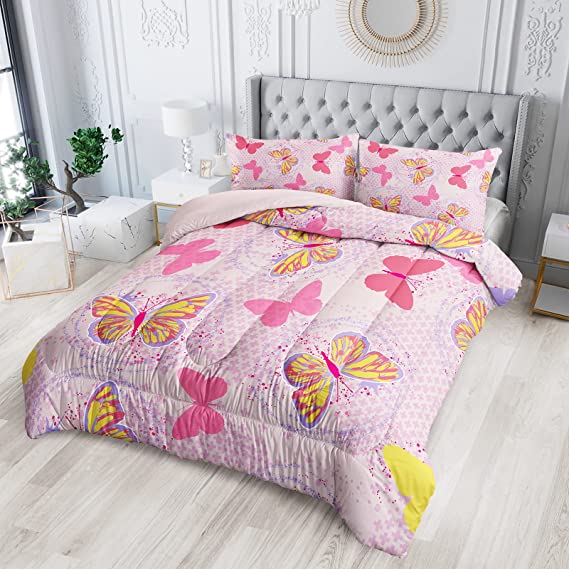 Yellow Pink Butterfly Cotton Bedsheet Sets for Kids