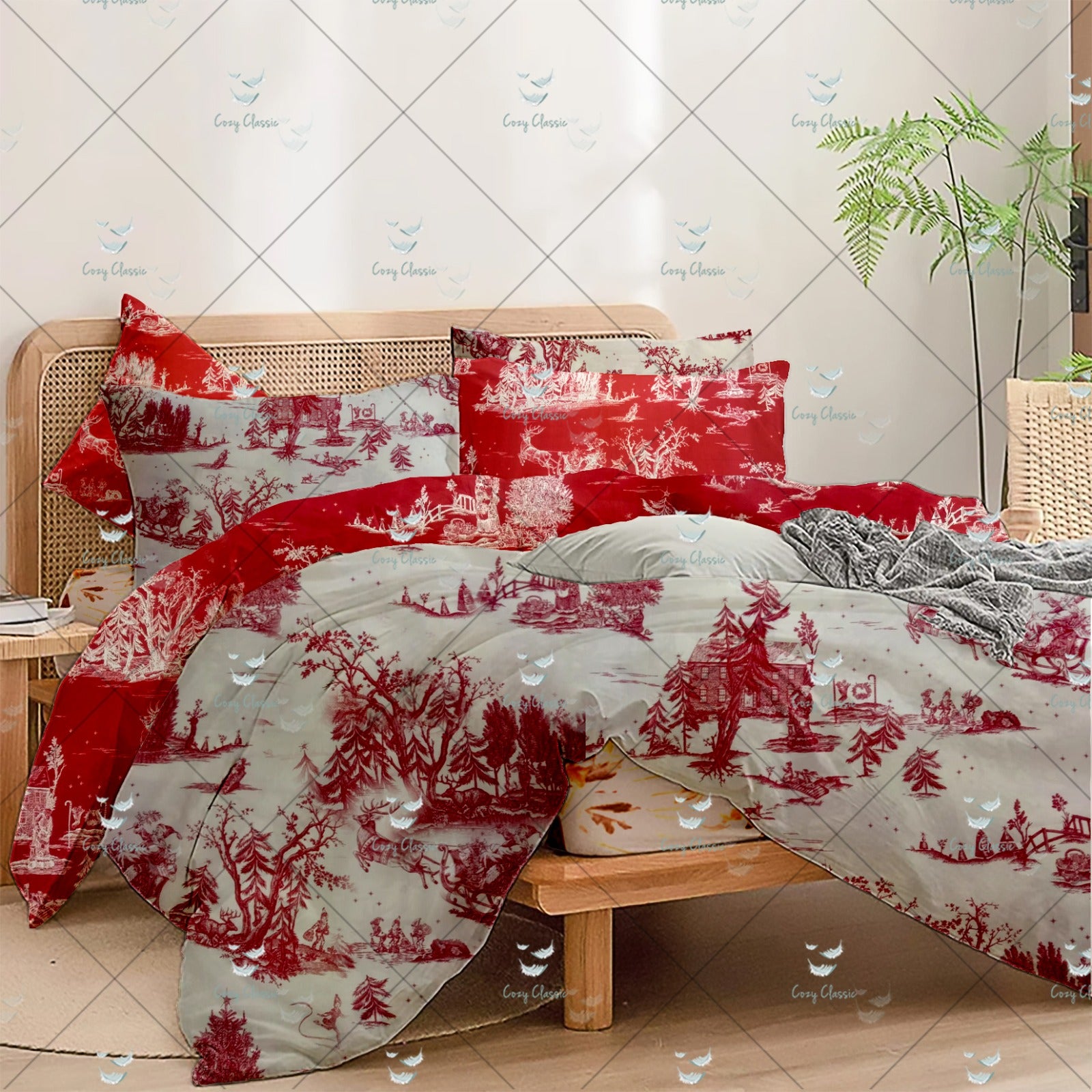 Red and white floral bedsheet set 
